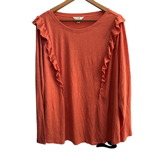 Terra & Sky Women’s 3X Long Sleeve Ruffle Front Top – Rust Coral, Plus Size - Picture 1 of 8